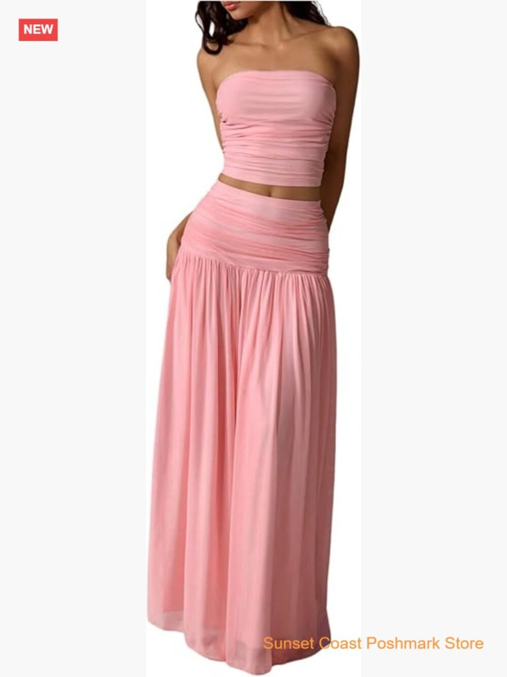 2pc Ruched Bandeau Crop Top Pleated Mesh Long Skirt Set